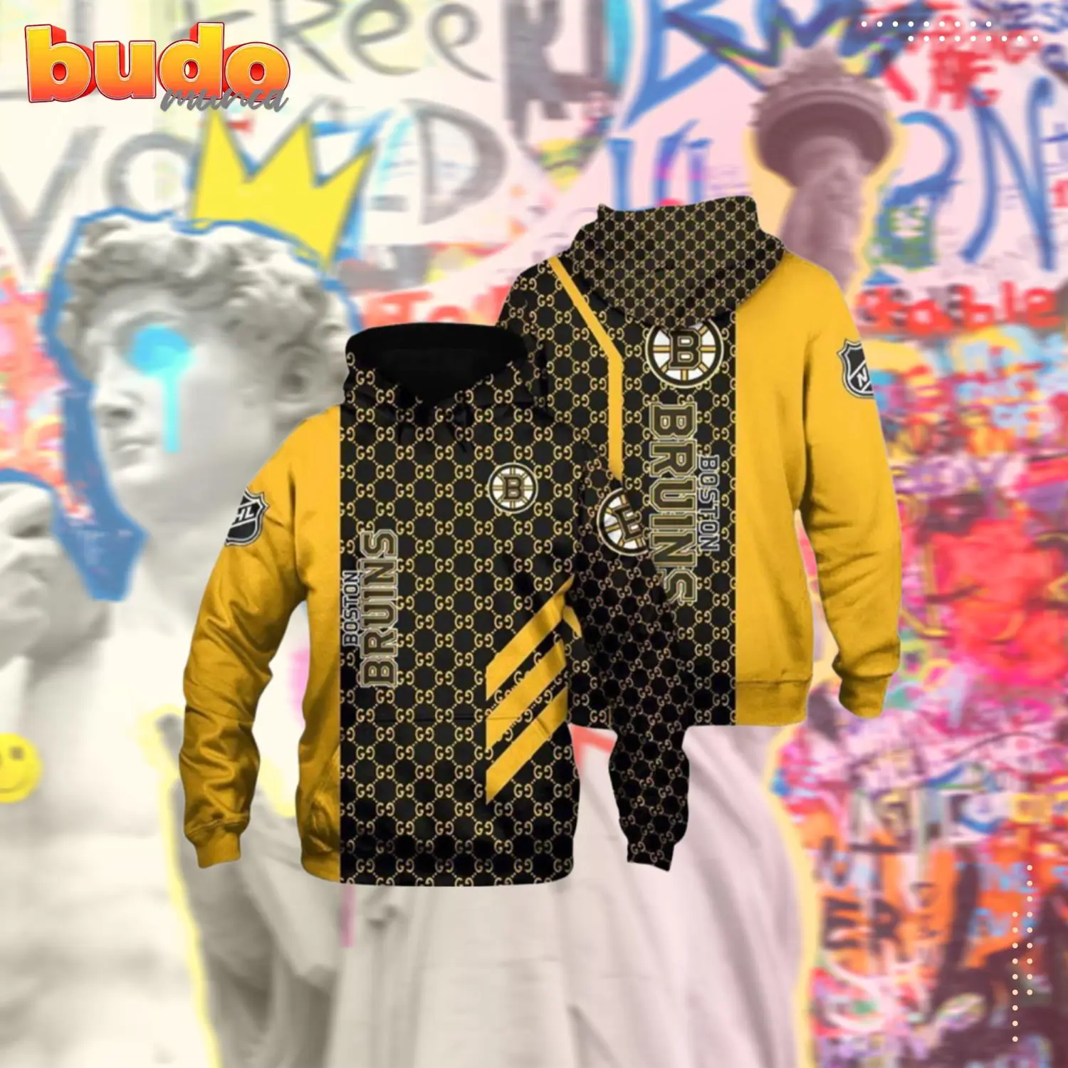 Boston bruins gucci yellow men and women 3d full printing hoodie